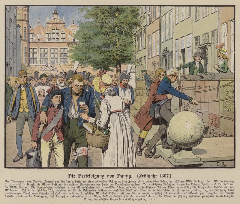 Civila hjälpte preussiska sårade under försvaret av Danzig, våren 1807 (färg litho) av Carl Röchling