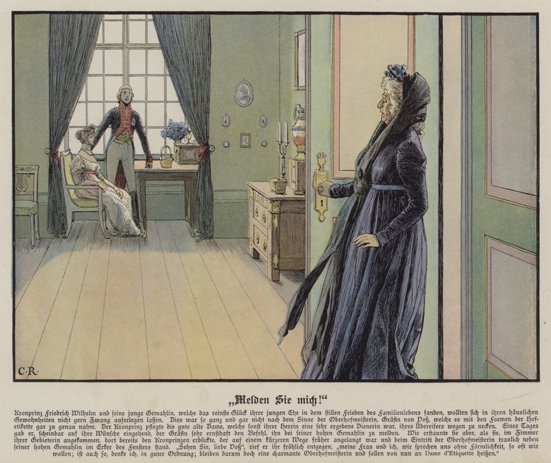Kronprins Fredrik av Preussen och hans unga hustru prinsessan Louise träffas informellt mot grevinnan av Voss önskemål (färg litho) av Carl Röchling