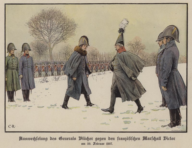 Utbyte av tillfångatagna preussiska och franska fältmarskalkerna Gebhard Blucher och Claude Victor-Perrin, 20 februari 1807 (färg litho) av Carl Röchling