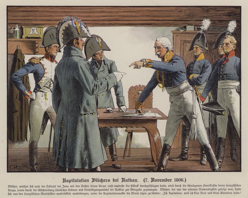 Fältmarskalk Blucher kapitulerar för fransmännen i Katekau, 7 november 1806 (färg litho) av Carl Röchling