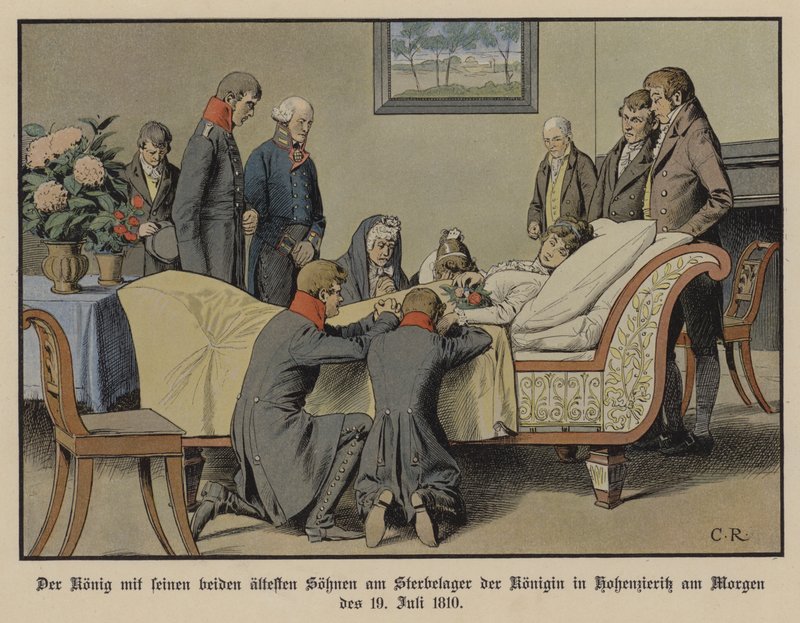 Kung Fredrik Vilhelm III av Preussen och hans två äldsta söner bredvid drottning Louises dödsbädd på morgonen den 19 juli 1810 (färg litho) av Carl Röchling