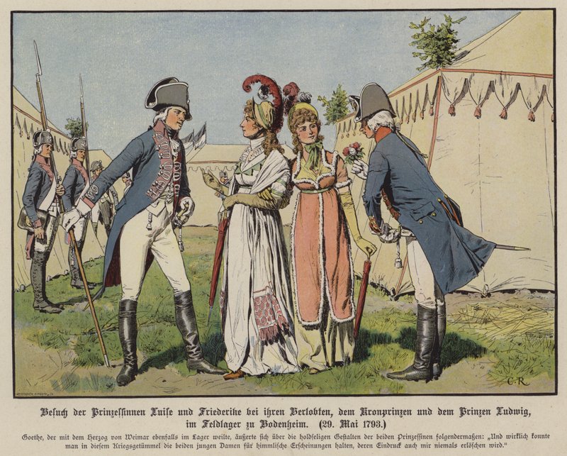 Prinsessorna Louise och Frederica av Mecklenburg-Strelitz besöker sina fästman, kronprins Fredrik William av Preussen och prins Ludwig av Hannover i militärlägret Bodenheim, 20 maj 1793 (färg litho) av Carl Röchling