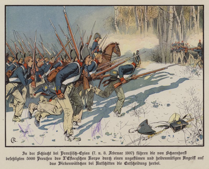 Preussiskt infanteri anfaller i slaget vid Eylau, 7-8 februari 1807 (färg litho) av Carl Röchling