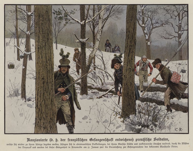 Preussiska soldater som undviker fransk fångenskap, januari 1807 (färg litho) av Carl Röchling