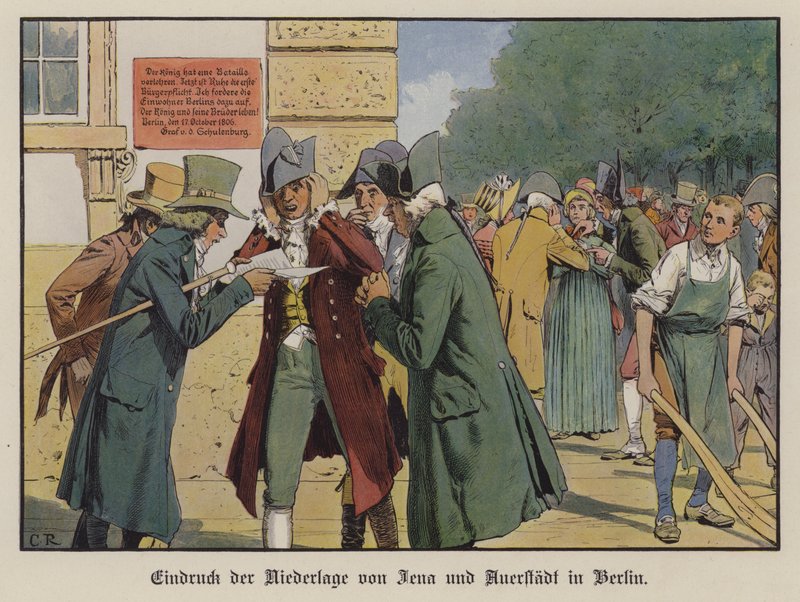 Effekten av nyheten om Preussens nederlag i slaget vid Jena-Auerstadt på Berlins gator (färg litho) av Carl Röchling