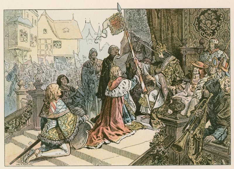 Fredrik I (1371-1440) med Sigismund i Konstanz belönas med landet Kurmark 1417 av Carl Rohling