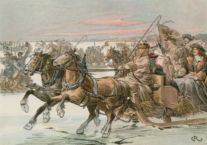 Fredrik Vilhelm, den store kurfursten (1620-1688), korsade Kuriska lagunen med släde i en expedition mot svensken 1678 av Carl Rohling