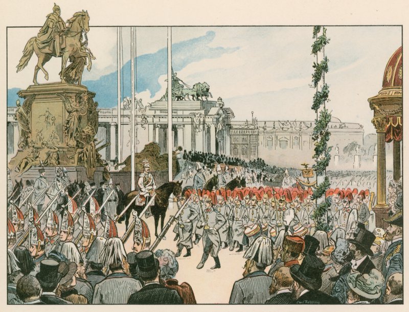 Wilhelm II, tysk kejsare och kung av Preussen (1859-1941), vid invigningen av det nationella monumentet i Berlin 1897 av Carl Rohling