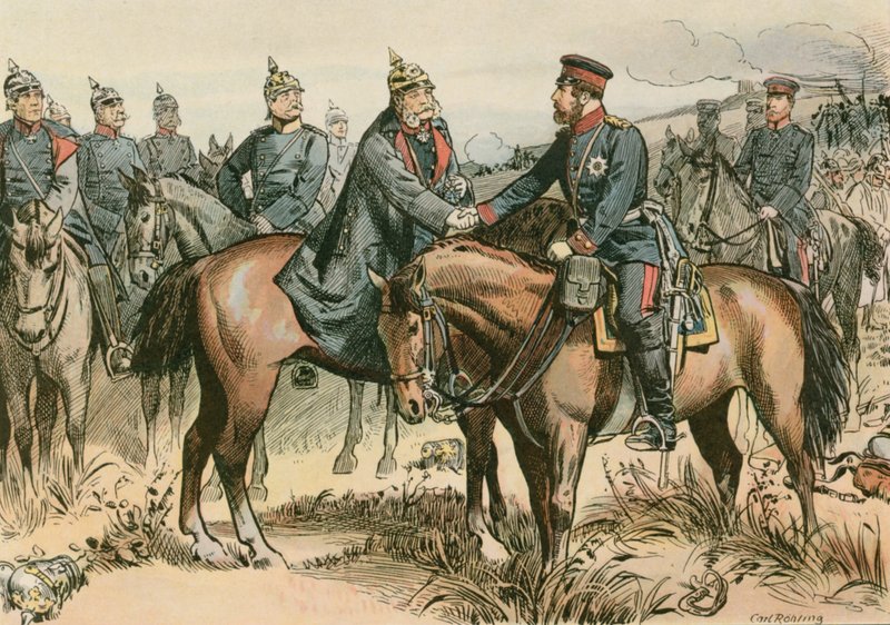 Wilhelm I, kung av Preussen och förste tyska kejsaren (1797-1888) hälsade sin son i Sadowa 1866 av Carl Rohling