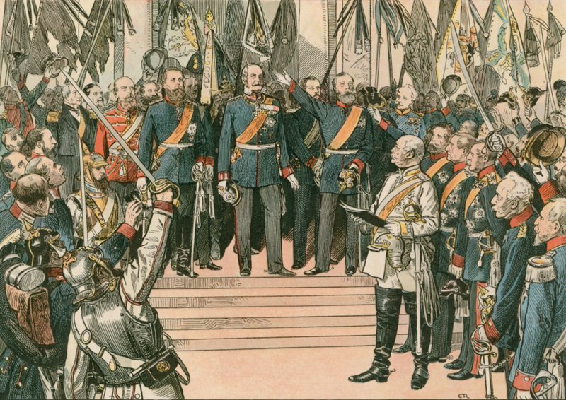 Wilhelm I, kung av Preussen och första tyska kejsaren (1797-1888), erkänns som kejsare av det nyligen förenade tyska riket i Versaillesfördraget 1871. av Carl Rohling