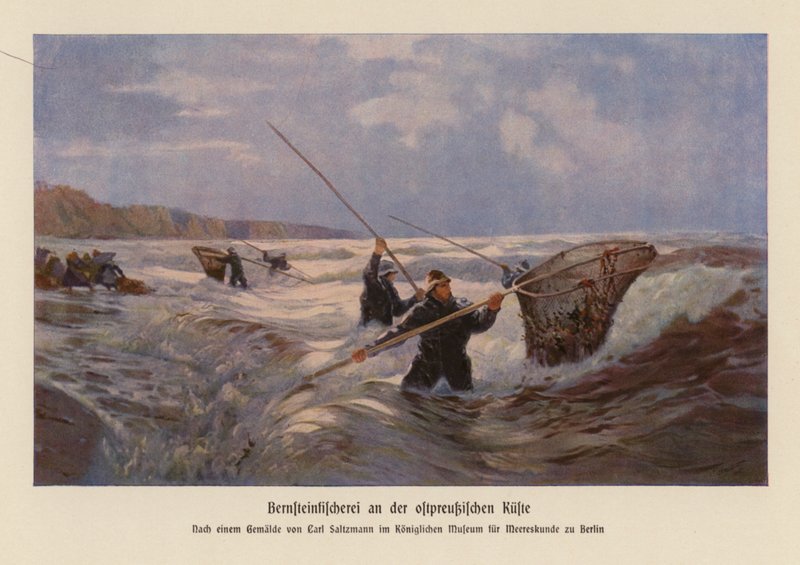 Bärnstensinsamling i Östersjön, Ostpreussen (färglitografi) av Carl Saltzmann