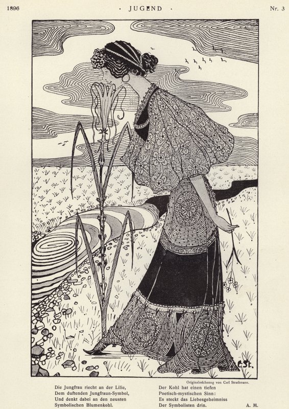 Kvinna som luktar en blomma (litho) av Carl Strathmann