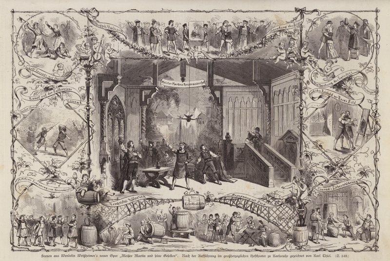 Scener från den tyske kompositören Wendelin Weissheimers opera Meister Martin und Seine Gesellen (Mästare Martin och hans följeslagare), framförd på Grossherzoglichen Hoftheater, Karlsruhe, Tyskland (gravyr) av Carl Thiel