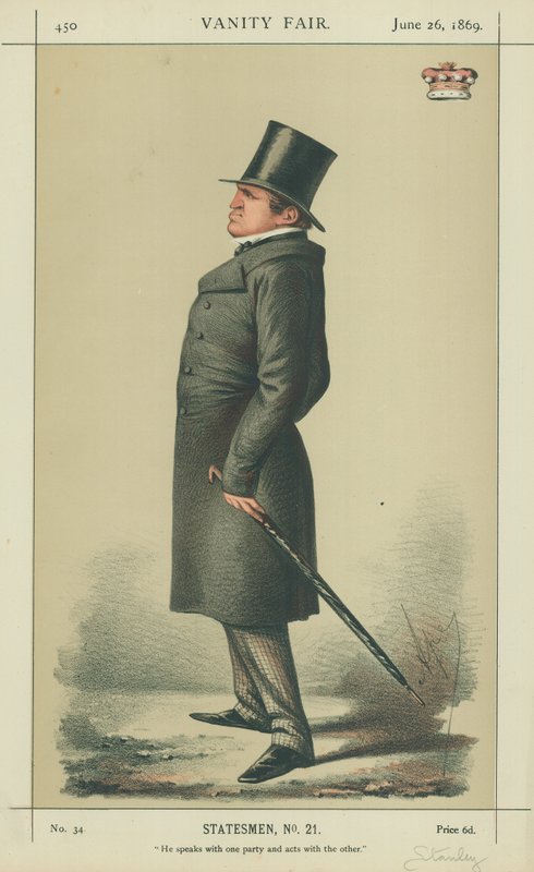 Lord Stanley, han talar med en part och agerar med den andra, 26 juni 1869, Vanity Fair-tecknad film av Carlo Pellegrini