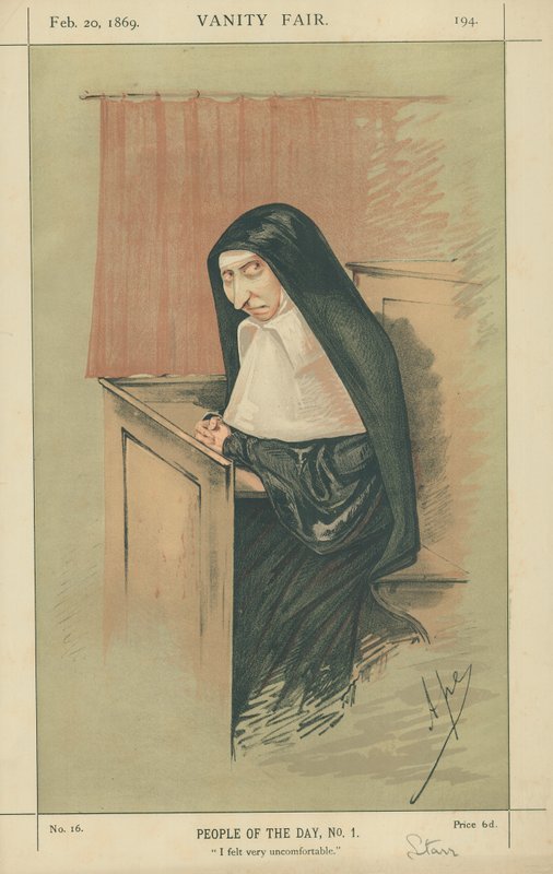 Mrs Starr, jag kände mig väldigt obekväm, 20 februari 1869, tecknad serie Vanity Fair av Carlo Pellegrini