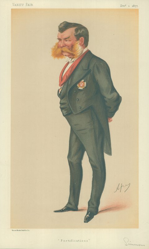 Sir John Lintorn Arabin Simmons, Fortifications, 1 december 1877, Vanity Fair-tecknad film av Carlo Pellegrini