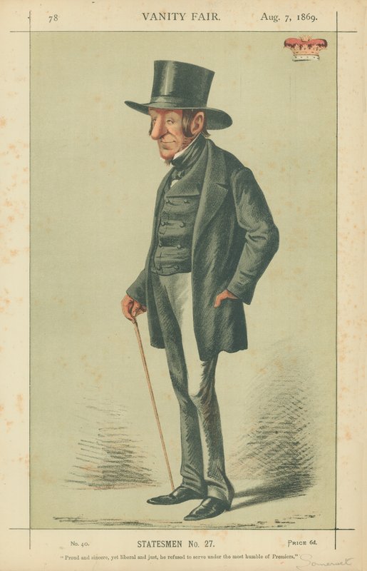Hertigen av Somerset, stolt och uppriktig men ändå liberal och rättvis han vägrade att tjäna under denna mest ödmjuka premiärminister, 7 augusti 1869, Vanity Fair-tecknad serie av Carlo Pellegrini