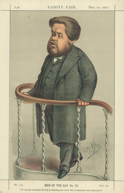 Rev Charles Spurgeon, Ingen har lyckats som han att skissa på den komiska sidan av omvändelse och förnyelse, 17 juli 1880, Vanity Fair-tecknad serie av Carlo Pellegrini