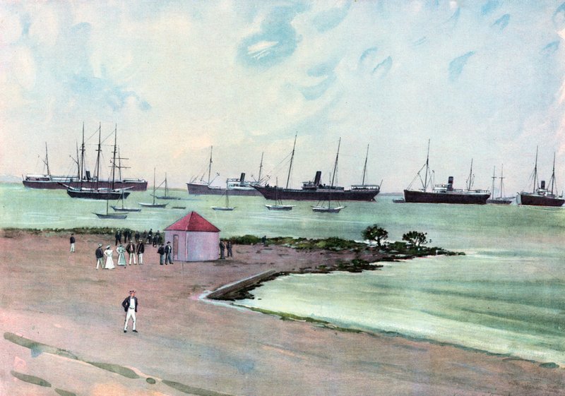 Fångade spanska fartyg vid ankar i Man-of-War Harbor, Key West.--Utsikt från Esplanaden nära USA:s armékaserner av Carlton Theodore Chapman