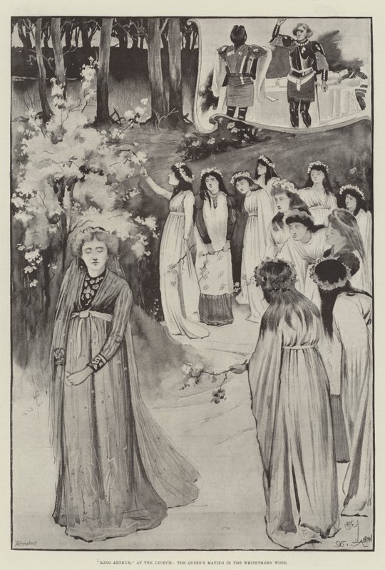 Kung Arthur, på Lyceum, drottningens majestät i Whitethorn Wood av Cecil Charles Windsor Aldin
