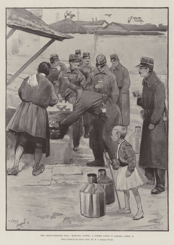 Det grekisk-turkiska kriget, morgonkaffe, en gatubild i Larissa, 19 april av Cecil Charles Windsor Aldin