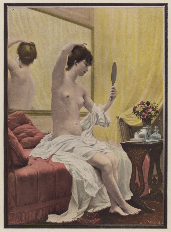 Kvinna vid hennes morgontoalett (färg litho) av Celestin Francois (after) Nanteuil
