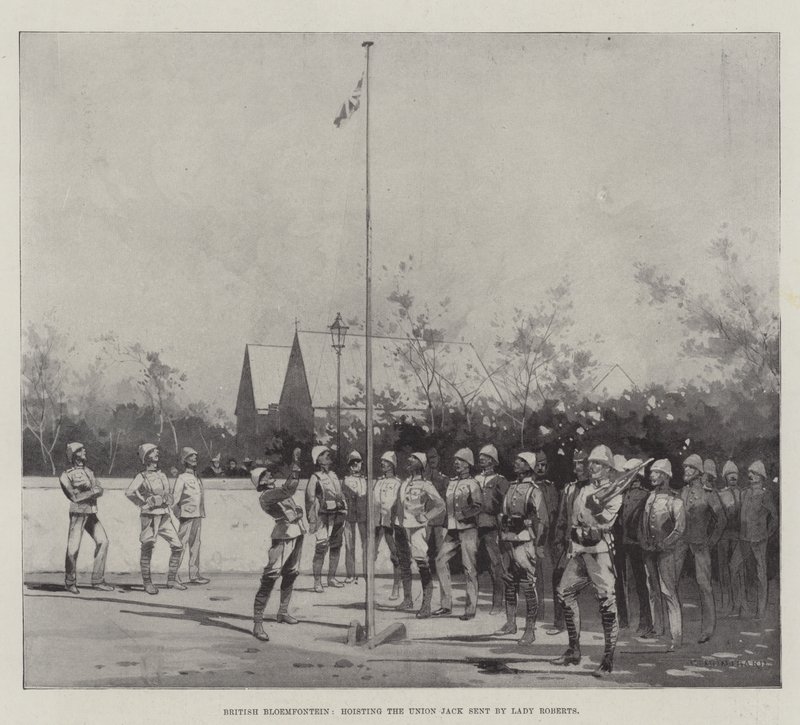 Brittiska Bloemfontein, hissar Union Jack skickad av Lady Roberts av Charles Auguste Loye