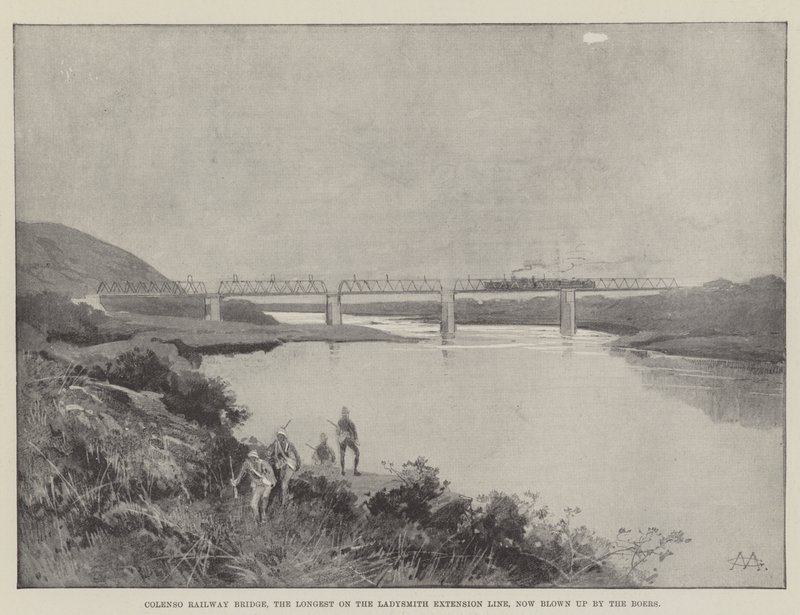 Colenso Railway Bridge, den längsta på Ladysmith Extension Line, nu sprängd av boerna av Charles Auguste Loye