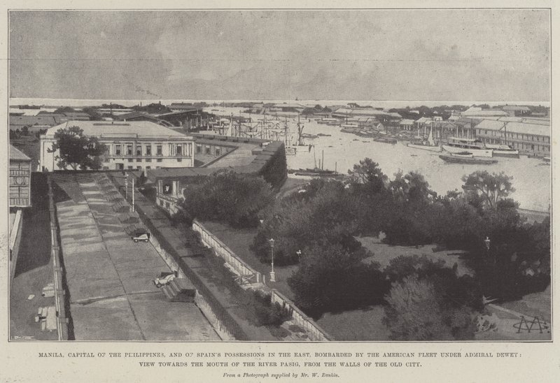 Manila, Filippinernas huvudstad och Spaniens ägodelar i öster, bombarderad av den amerikanska flottan under amiral Dewey, utsikt mot floden Pasigs mynning, från den gamla Cis murar av Charles Auguste Loye