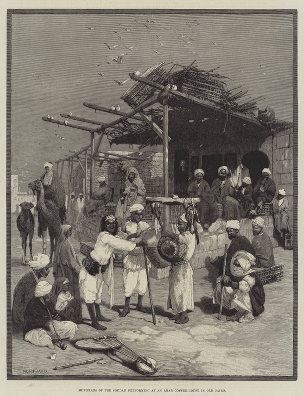 Musiker från Soudan uppträder på ett arabiskt kafé i Gamla Kairo av Charles Auguste Loye