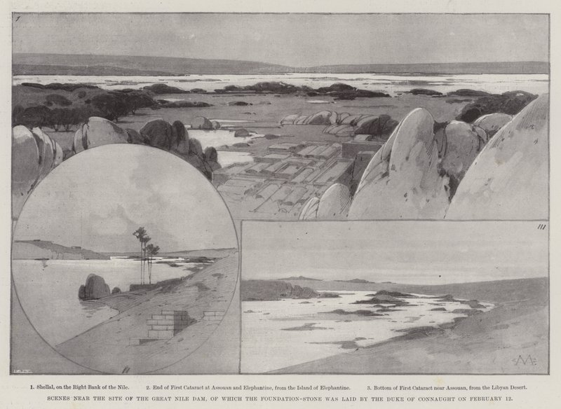 Scener nära platsen för den stora nildammen, varav grundstenen lades av hertigen av Connaught den 12 februari av Charles Auguste Loye