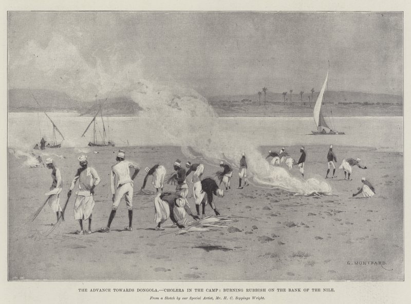 Framstegen mot Dongola, Kolera i lägret, brinnande skräp på Nilens strand av Charles Auguste Loye