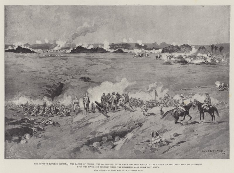 Framryckningen mot Dongola, slaget vid Ferket, 3:e brigaden, under major Maxwell, skjuter mot byn när de tre brigaderna sammanstrålade vid flodens position där dervischerna gjorde av Charles Auguste Loye