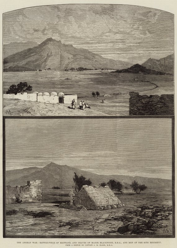 Det afghanska kriget, slagfältet Maiwand och gravarna för major Blackwood, RHA, och männen i 66:e regementet. av Charles Auguste Loye