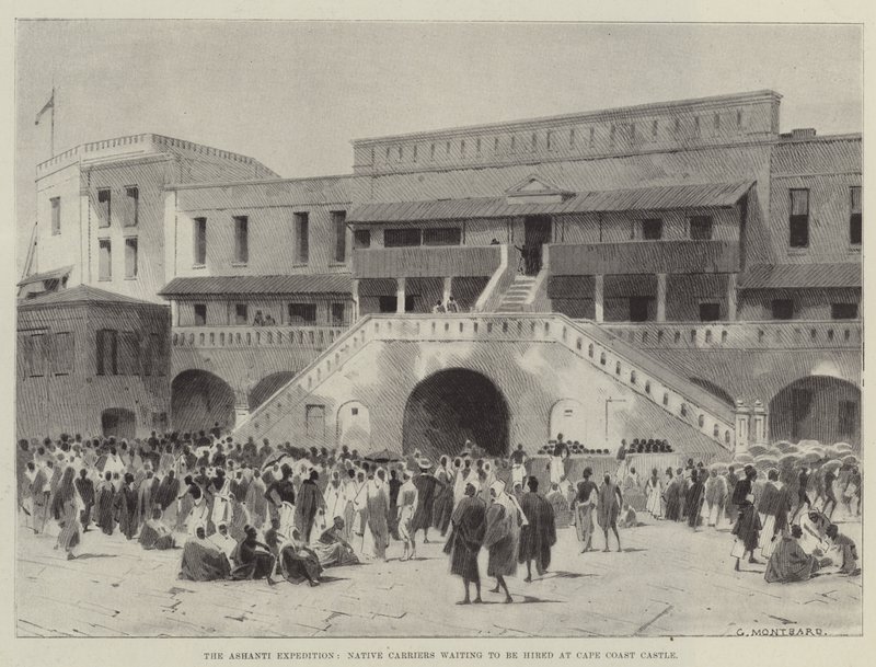 Ashanti-expeditionen, inhemska transportörer som väntar på att bli anlitade på Cape Coast Castle av Charles Auguste Loye