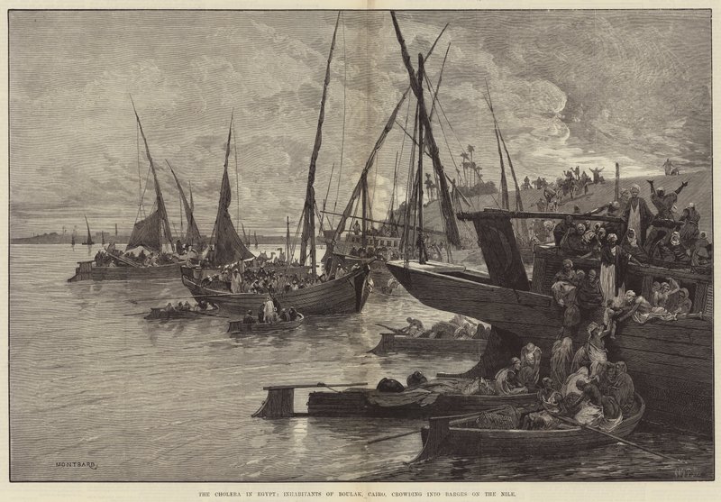 Kolera i Egypten, invånarna i Boulak, Kairo, trängs i pråmar på Nilen. av Charles Auguste Loye