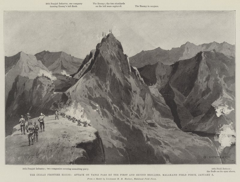 The Indian Frontier Rising, Attack on Tangi Pass av första och andra brigaden, Malakand Field Force, 7 januari av Charles Auguste Loye