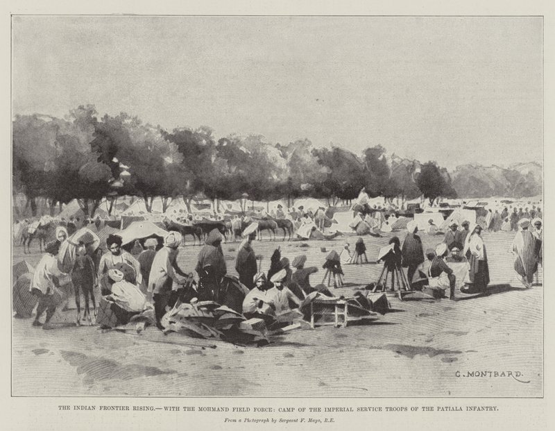 Indian Frontier Rising, med Mohmand Field Force, läger för de kejserliga tjänstetrupperna i Patiala infanteriet av Charles Auguste Loye