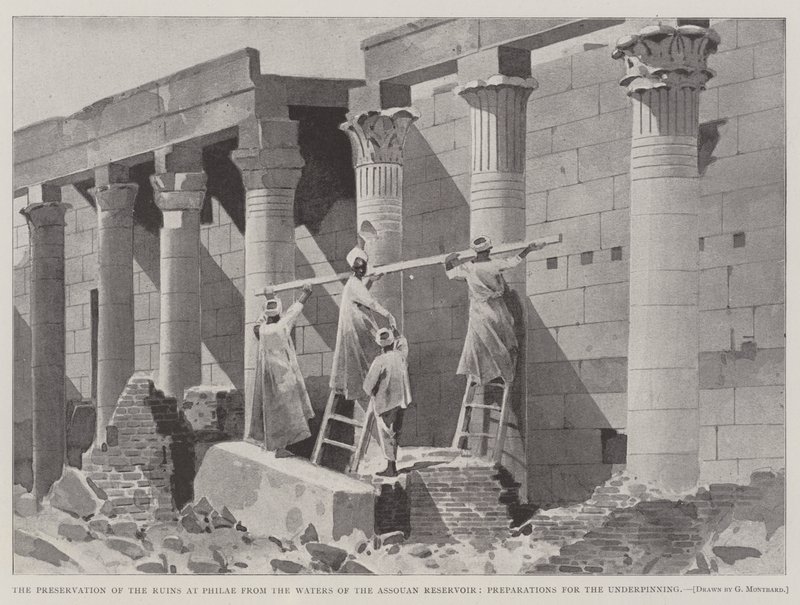 Bevarandet av ruinerna vid Philae från vattnet i Assouan-reservoaren, förberedelser för underbyggnaden av Charles Auguste Loye