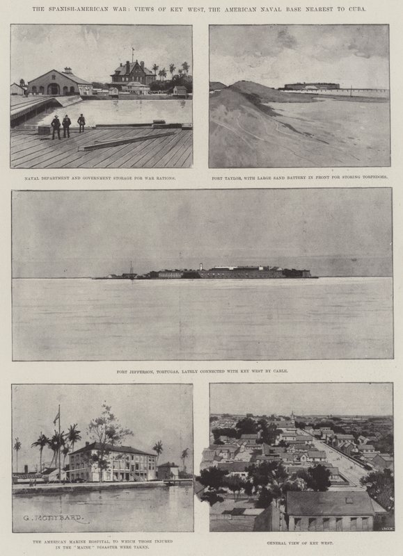 Det spansk-amerikanska kriget, utsikt över Key West, den amerikanska flottbasen närmast Kuba av Charles Auguste Loye