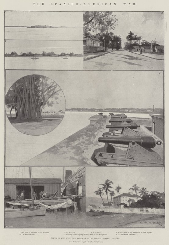 Det spansk-amerikanska kriget, utsikt över Key West, den amerikanska flottstationen närmast Kuba av Charles Auguste Loye