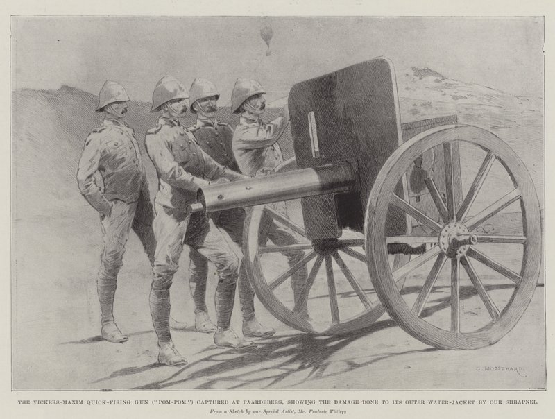 Vickers-Maxim Quick-Firing Gun (Pom-Pom) fångad vid Paardeberg och visar skadan som gjorts på dess yttre vattenjacka av Our Shrapnel av Charles Auguste Loye