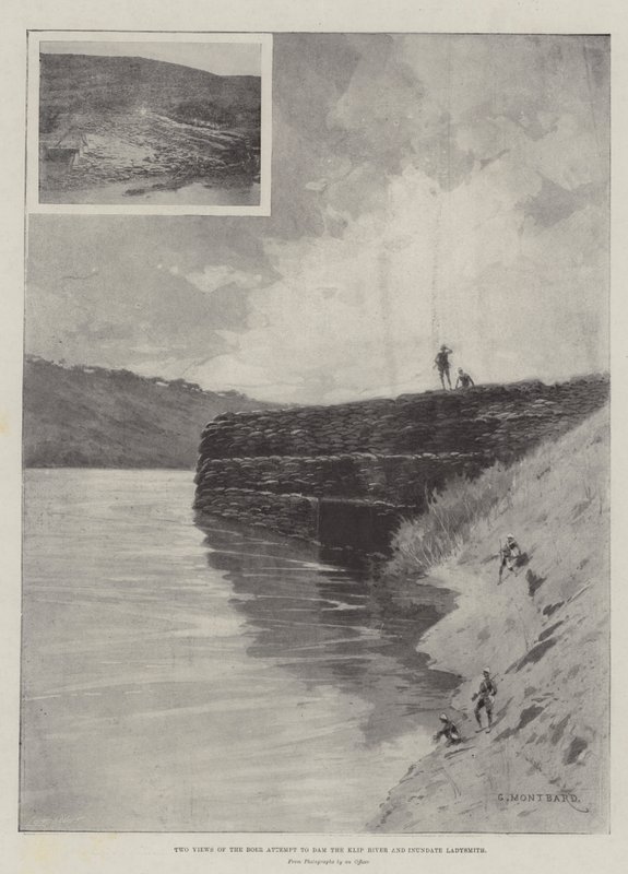 Två vyer av Boer Försök att dämma upp floden Klip och översvämma Ladysmith av Charles Auguste Loye