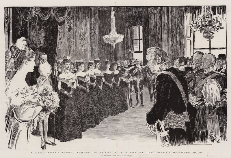 En debutant får en första glimt av kungligheterna, en scen i drottningens salong av Charles Dana Gibson
