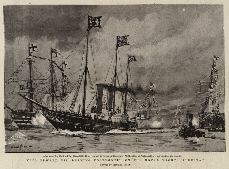 Kung Edward VII lämnar Portsmouth på Royal Yacht Alberta av Charles Edward Dixon