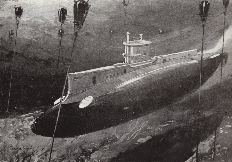 Kaptenlöjtnant Edward Boyle i ubåten E14 som undviker turkiska minor när han passerar genom Dardanellerna, 27 april 1915. av Charles Edward Dixon
