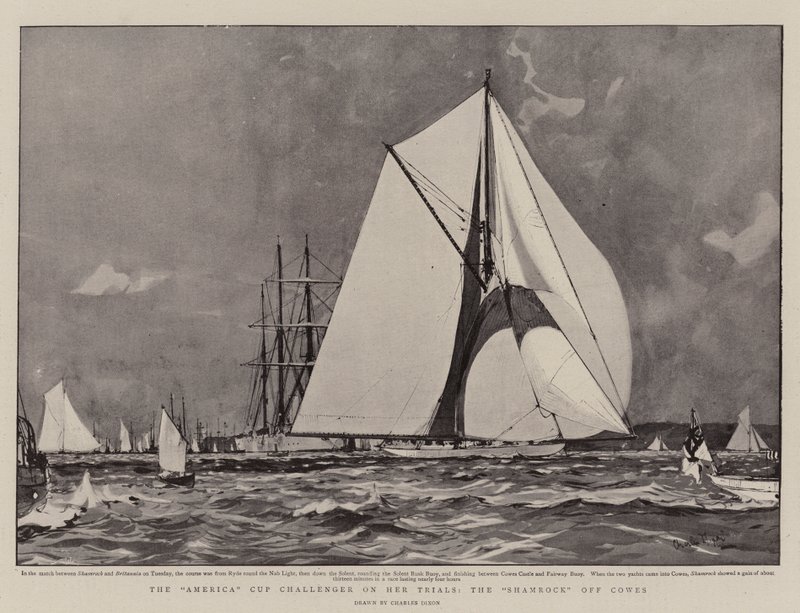 America Cup Challenger på sina försök, Shamrock utanför Cowes av Charles Edward Dixon