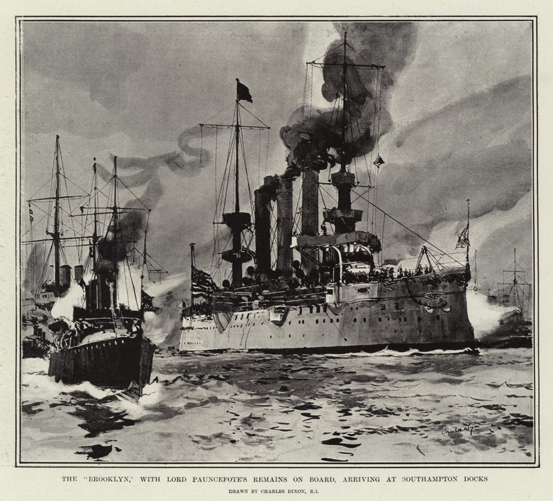 Brooklyn, med Lord Pauncefotes kvarlevor ombord, anländer till Southampton Docks. av Charles Edward Dixon