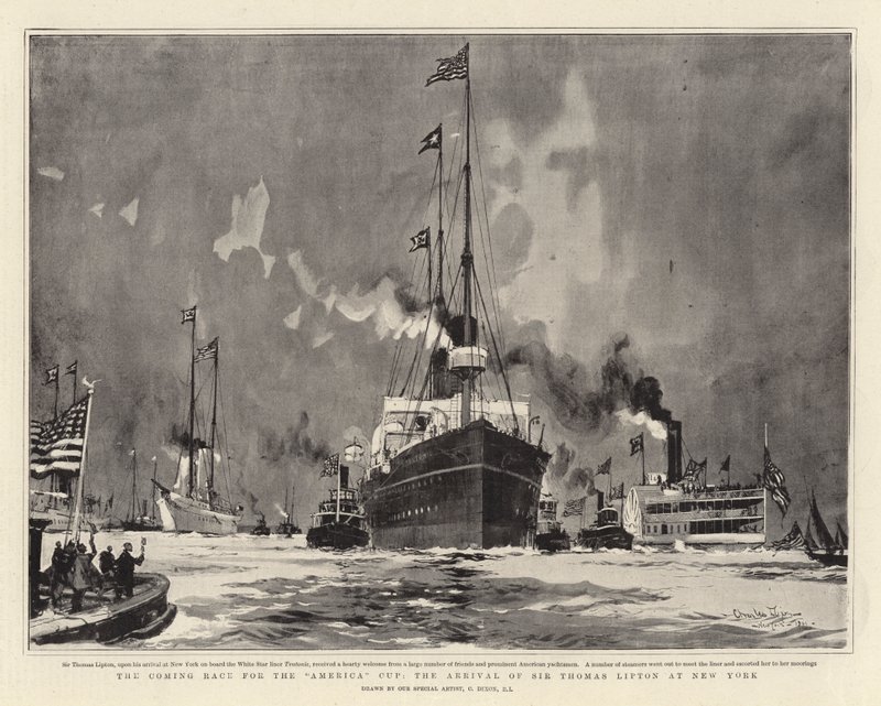 The Coming Race för America Cup, ankomsten av Sir Thomas Lipton till New York av Charles Edward Dixon
