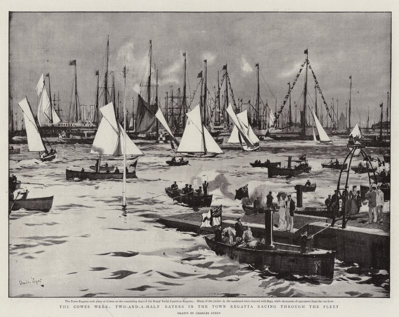 Cowesveckan, två och en halv Raters i stadsregattan som tävlar genom flottan av Charles Edward Dixon